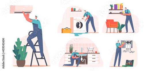 Set Repair Service, Electrician, Plumber Call Master at Work. Handyman Masters Male Characters in Uniform Working