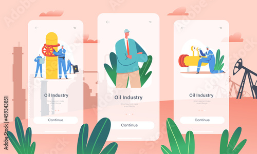 Oil Industry Mobile App Page Onboard Screen Template. Gasmen and Engineers Characters Stand at Gas Facility Pipe Line