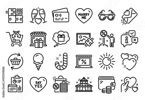 Vector set of Puzzle game, Hold heart and Circus line icons set. Calendar report, Money wallet and Credit card tag. Candy, Market and Love letter icons. Vector