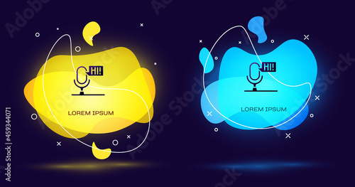 Black Microphone voice device icon isolated on black background. Microphone interpreter and alphabet letters. Abstract banner with liquid shapes. Vector