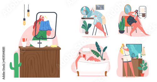 Set Women Daily Routine Concept. Young Female Characters Morning Hygiene Procedures Taking Bath or Shower, Comb Hair