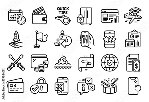 Vector set of Payment, Tutorials and Calendar line icons set. Calendar report, Money wallet and Credit card tag. Flag, Smartphone recovery and Debit card icons. Vector