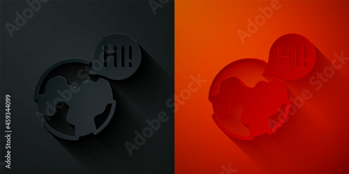 Paper cut Learning foreign languages icon isolated on black and red background. Translation, language interpreter and communication. Paper art style. Vector