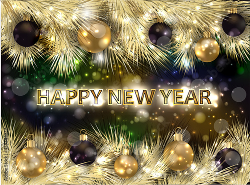 Happy New Year invitation banner with xmas balls and tree, vector illustration