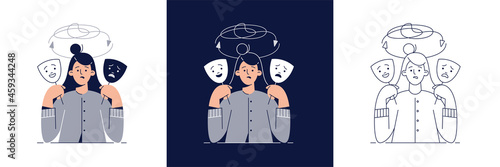 Bipolar disorder illustration set. Woman with two face masks showing depressive and happy mood. Manic depression, mental disorder, bipolar depression concept collection for web design.Flat vector