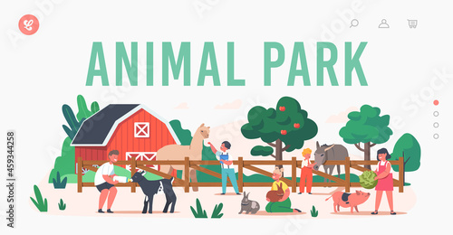 Little Kids Visit Contact Zoo Landing Page Template. Children Feeding Animals, Petting Domestic Llama, Rabbits, Piglet