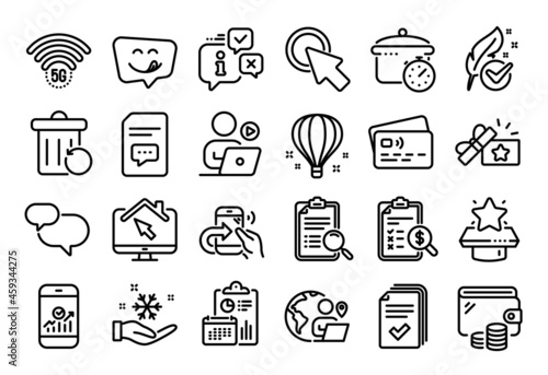 Vector set of Outsource work, Chat message and Boiling pan line icons set. Calendar report, Money wallet and Credit card tag. Smartphone statistics, Handout and Freezing icons. Vector