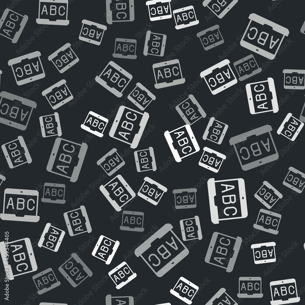 Grey E-learning of different foreign languages icon isolated seamless pattern on black background. Vector Grey E-learning of different foreign languages icon isolated seamless pattern on black background. Vector