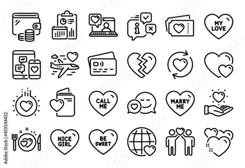 Vector set of Heart, Marry me and Nice girl line icons set. Calendar report, Money wallet and Credit card tag. My love, Love and Romantic dinner icons. Vector