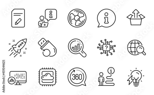 Technology icons set. Included icon as Send box, Internet search, Flash memory signs. Artificial intelligence, Seo analysis, Edit document symbols. Electricity bulb, Startup rocket. Vector