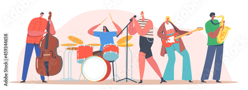 Music Band on Stage. Performing Rock Concert on Scene. Artists Characters with Musical Instruments Singing Rock Song