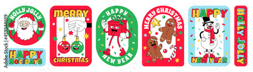 Merry Christmas and Happy New year funny cartoon characters. Sticker pack, posters in trendy weird retro cartoon style.