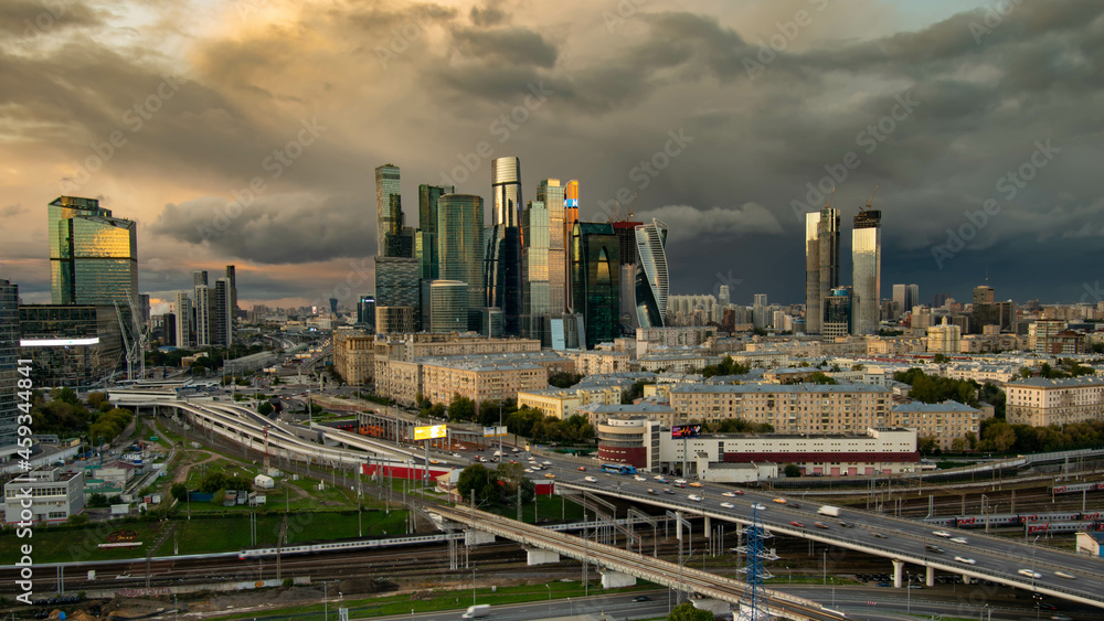 Moscow city at the time of sunset on a warm autumn evening