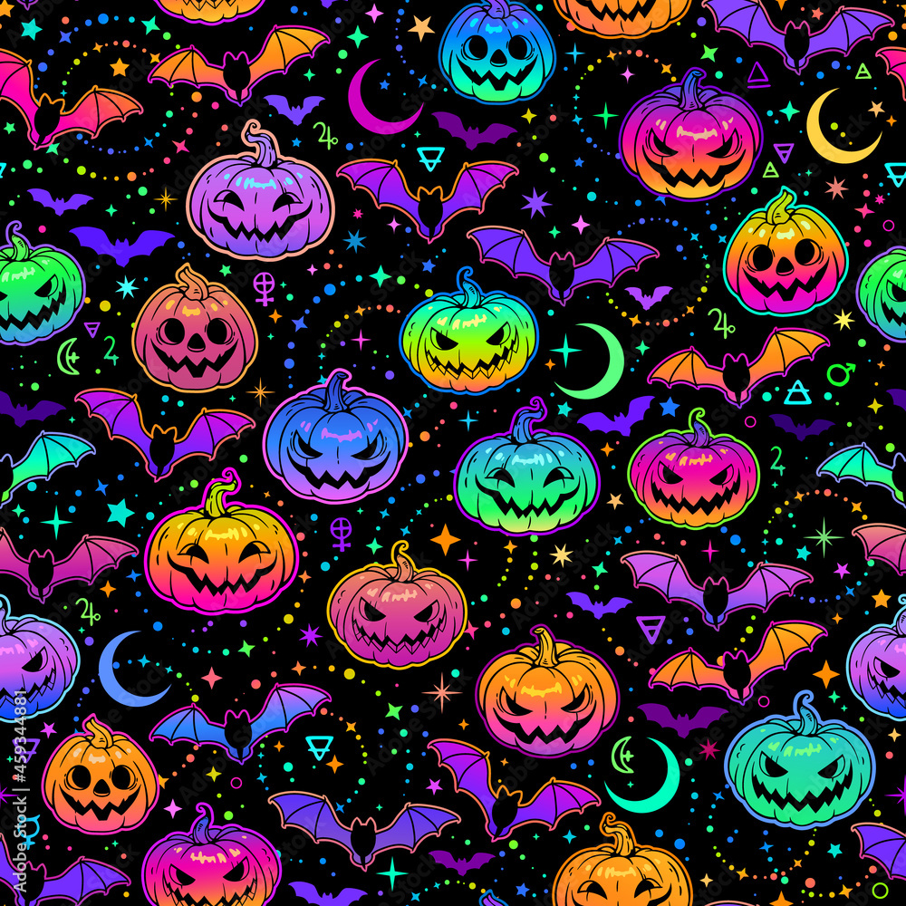 seamless pattern of bright multicolored haloween pumpkins and bats