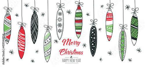 Merry Christmas greeting card red and green with modern baubles. Vector illustration. 
