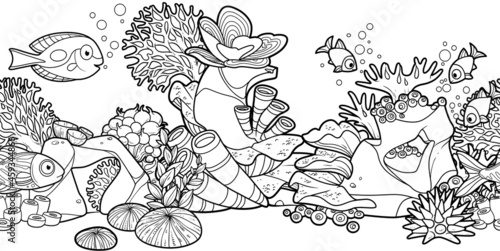 Horizontal seamless background from seabed and its inhabitants coral on stones, anemones, fishes linear drawing for coloring page