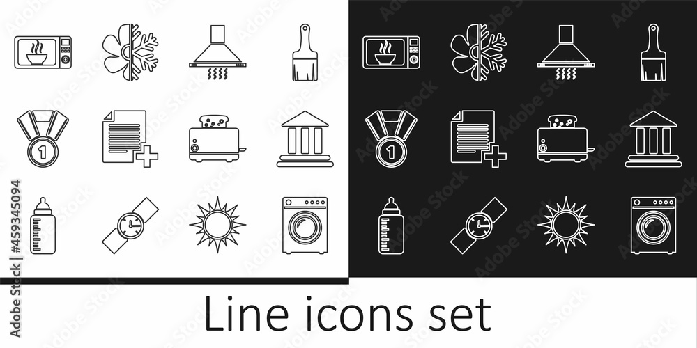 Set line Washer, Bank building, Kitchen extractor fan, Add new file, Medal, Microwave oven, Toaster with toasts and Air conditioner icon. Vector