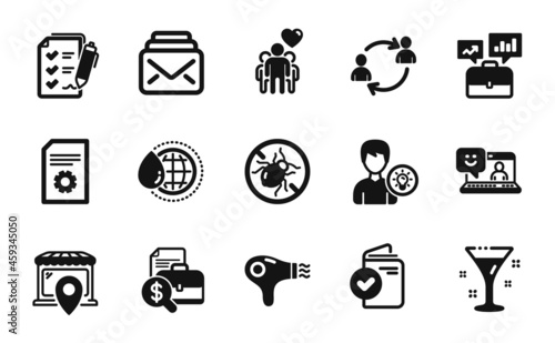 Vector set of Verification document, Smile and Market location icons simple set. Person idea, World water and Hair dryer icons. User communication, Accounting report and Mail signs. Vector