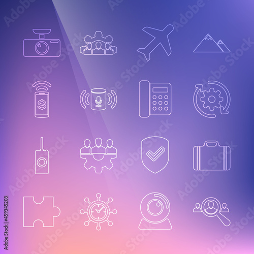 Set line Magnifying glass for search people, Suitcase travel, Gear and arrows workflow, Plane, Voice assistant, Contactless payment, Car DVR and Telephone icon. Vector