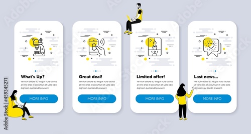 Vector Set of Technology icons related to Microscope, Crane claw machine and Bitcoin pay icons. UI phone app screens with people. Friends chat line symbols. Vector