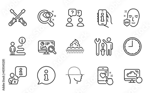 Business icons set. Included icon as Vision test, Screwdriverl, Time signs. Info app, Recovery cloud, Face scanning symbols. Skin care, Seo analytics, Uv protection. Teamwork questions. Vector photo