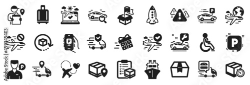 Set of Transportation icons, such as Delivery man, Honeymoon travel, Delivery location icons. Rocket, International flight, Cancel flight signs. Valet servant, Ship, Airplane travel. Vector