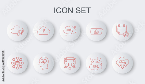 Set line CO2 emissions in cloud, Car sharing, Methane reduction, Music streaming service, Head with heartbeat and icon. Vector