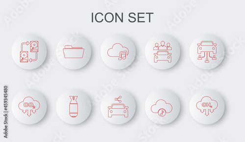 Set line Methane emissions reduction, CO2 in cloud, Music streaming service, Data exchange with hhd, Folder, Aviation bomb and Car sharing icon. Vector