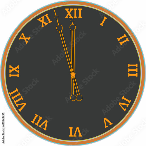 Front view of a clock isolated on a white background with Roman numerals.