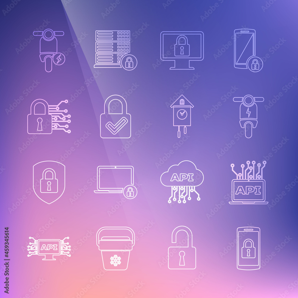 Set line Smartphone with lock, Computer api interface, Electric scooter, Lock monitor, and check mark, Cyber security, and Retro wall watch icon. Vector