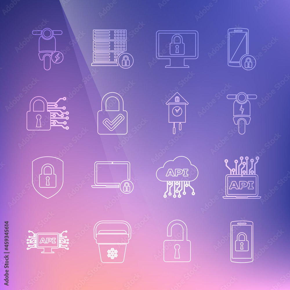 Set line Smartphone with lock, Computer api interface, Electric scooter, Lock monitor, and check mark, Cyber security, and Retro wall watch icon. Vector Set line Smartphone with lock, Computer api interface, Electric scooter, Lock monitor, and check mark, Cyber security, and Retro wall watch icon. Vector