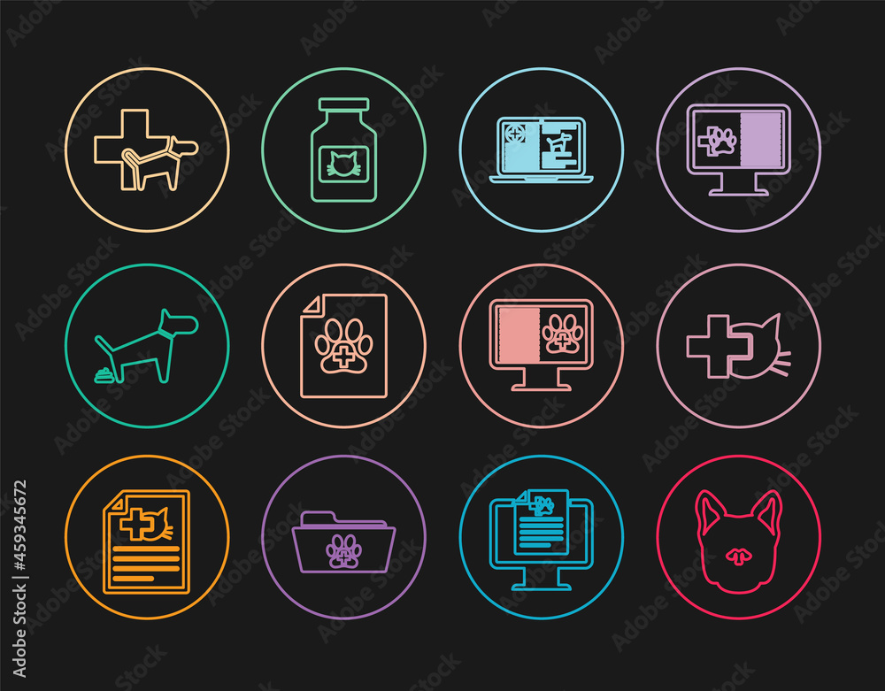 Set line Dog, Veterinary clinic, Clinical record dog on laptop, Medical certificate for cat, pooping, pet monitor and Cat medicine bottle icon. Vector Set line Dog, Veterinary clinic, Clinical record dog on laptop, Medical certificate for cat, pooping, pet monitor and Cat medicine bottle icon. Vector