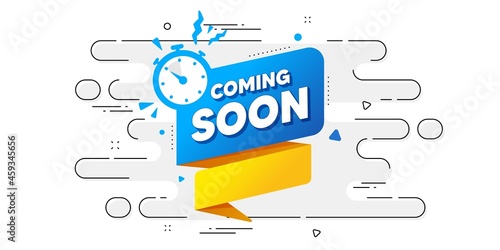 Coming soon paper banner. Geometric ad banner on flow pattern. Timer announcement tag. New open time icon. Transition pattern cover. Coming soon label. Vector