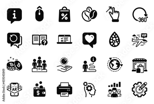 Vector Set of Business icons related to Shopping bag, Teamwork results and Market icons. Recovery data, Vip flight and Augmented reality signs. Settings gear, Printer and Swipe up. Heart. Vector
