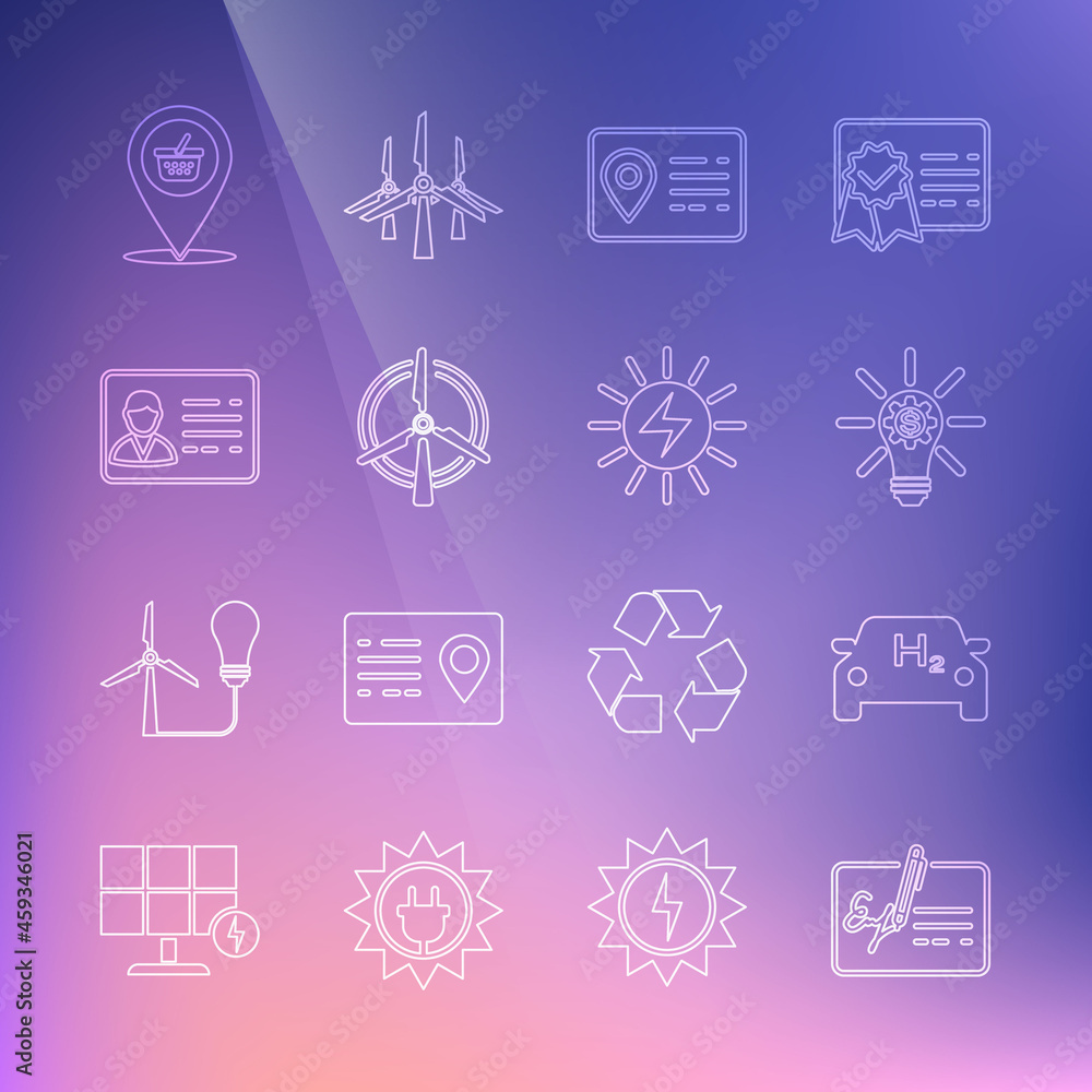 Set line Signed document, Hydrogen car, Light bulb with gear, Address book, Rotating wind turbine, Identification badge, Location shopping basket and Solar energy panel icon. Vector
