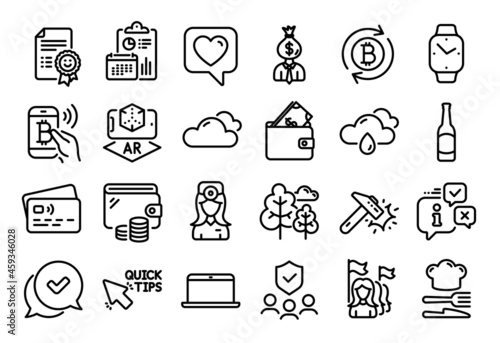 Vector set of Tree, Quick tips and Wallet line icons set. Calendar report, Money wallet and Credit card tag. Manager, Laptop and Smile icons. Augmented reality, Rainy weather and Heart signs. Vector