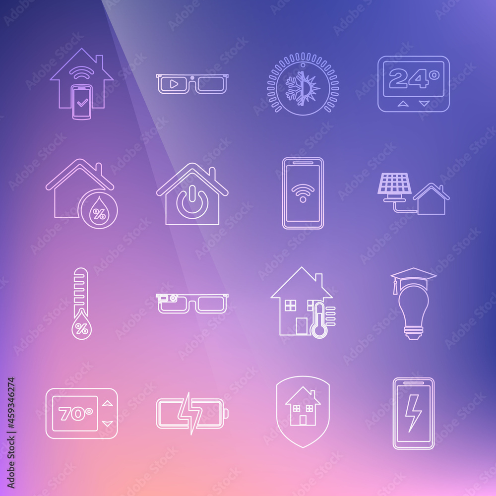 Set line Mobile charging battery, Light bulb and graduation cap, House with solar panel, Thermostat, Smart home, humidity, remote control system and wi-fi wireless icon. Vector