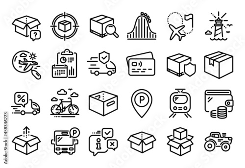 Vector set of Search flight, Parcel and Roller coaster line icons set. Calendar report, Money wallet and Credit card tag. Transport insurance, Office box and Lighthouse icons. Vector