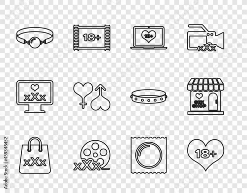 Set line Shopping bag with triple X, 18 plus content heart, Laptop, Film reel Sex, Silicone ball gag, Male and female, Condom package and shop building icon. Vector