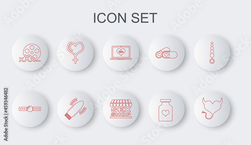 Set line Devil heart with horns, Silicone ball gag, Laptop 18 plus content, Bottle pills for potency, Film reel Sex, Female gender and, Dildo vibrator sex games and shop building icon. Vector