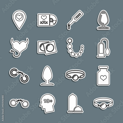 Set line Silicone ball gag, Bottle with pills for potency, Penis pump, Spanking paddle, Condoms package, Devil heart horns, Location and Anal beads icon. Vector