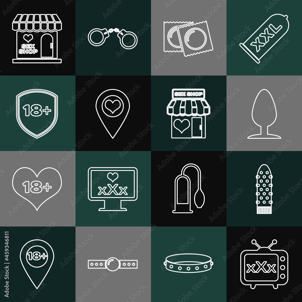 Set line Sex tv old television, Dildo vibrator, Anal plug, Condoms in package, Location with heart, Shield 18 plus, shop building and icon. Vector Set line Sex tv old television, Dildo vibrator, Anal plug, Condoms in package, Location with heart, Shield 18 plus, shop building and icon. Vector