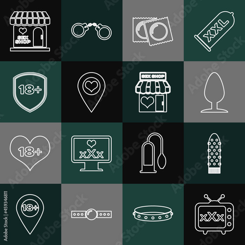 Set line Sex tv old television, Dildo vibrator, Anal plug, Condoms in package, Location with heart, Shield 18 plus, shop building and icon. Vector