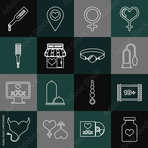 Set line Bottle with pills for potency, Play Video 18 plus, Penis pump, Female gender symbol, Sex shop building, Spanking paddle, and Silicone ball gag icon. Vector