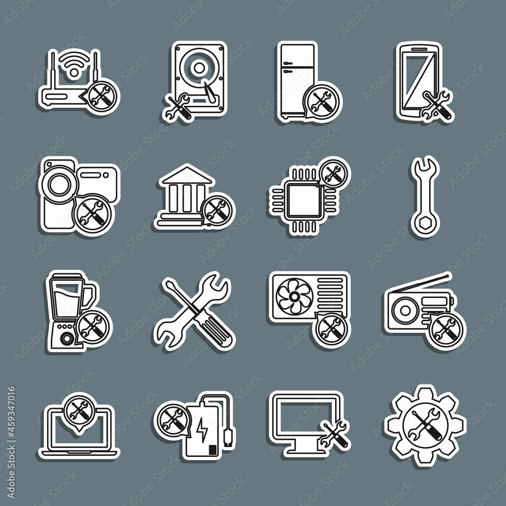 Set line Wrench and screwdriver in gear, Radio service, Refrigerator, Bank building, Video camera, Router wi-fi with and Processor icon. Vector Set line Wrench and screwdriver in gear, Radio service, Refrigerator, Bank building, Video camera, Router wi-fi with and Processor icon. Vector