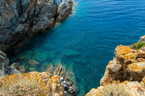Wild sea landscape with white rocks and blue water in Monte Enfola, Elba island, Italy