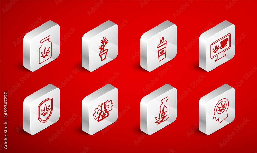 Set line Head in profile with marijuana, Marijuana plant pot, Cup coffee, Online buying, or cannabis leaf oil, Medical bottle, Test tube and Shield and icon. Vector Set line Head in profile with marijuana, Marijuana plant pot, Cup coffee, Online buying, or cannabis leaf oil, Medical bottle, Test tube and Shield and icon. Vector