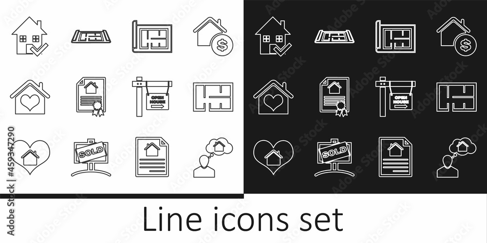 Set line Man dreaming about buying house, House plan, contract, with heart shape, check mark, Hanging sign Open and icon. Vector