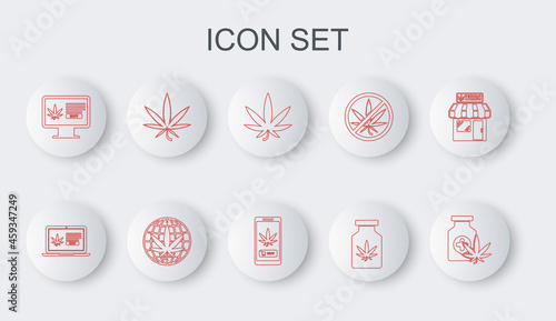 Set line Medical bottle with marijuana, Online buying, Marijuana or cannabis leaf, Legalize and icon. Vector