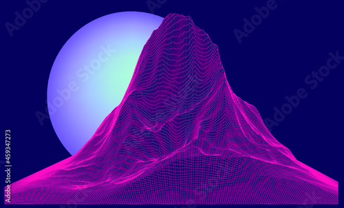 3D polygonal mountain landscape in retrofuturistic style. Concept of data visualization and  machine learning.